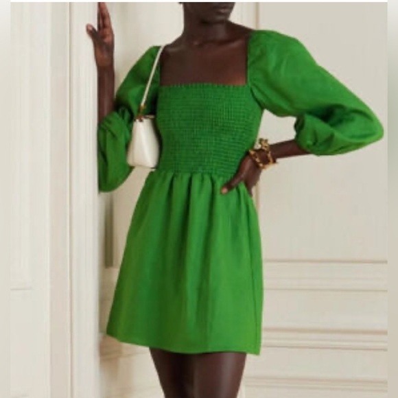 Reformation Dress Greyson Shirred Linen Mini Dress Green XL $245 - Picture 4 of 13